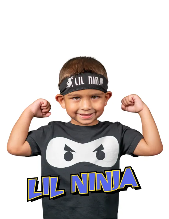 Small child flexing his arms, wearing his "Lil Ninja" uniform with the "Lil Ninja" logo overlaid the image