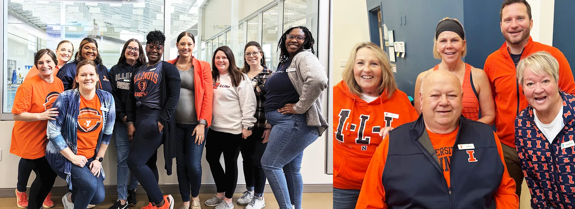 Staff members wearing Illinois Fighting Illinois Orange and Blue spirit wear